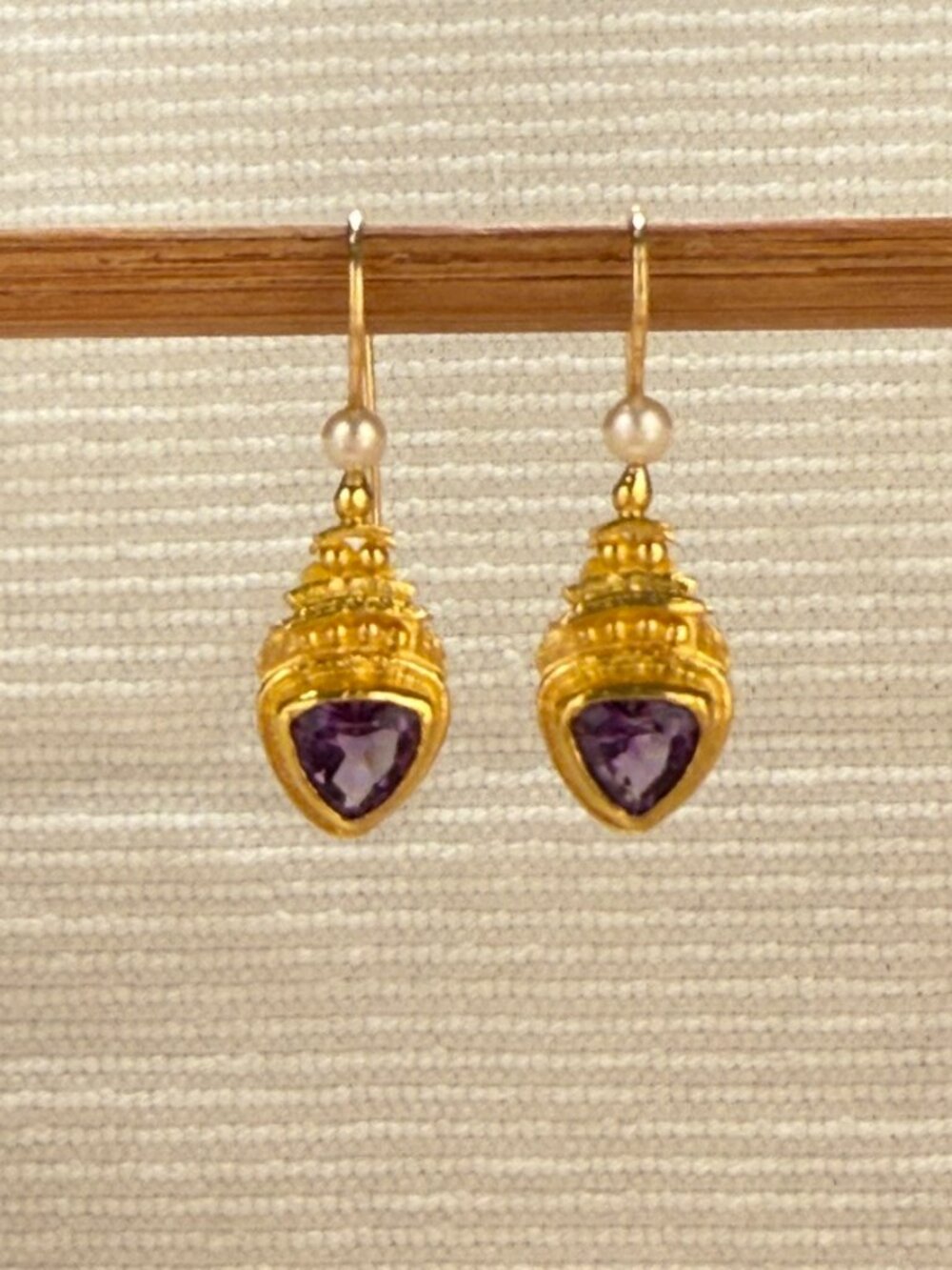 Unique Vintage 22K Gold, Amethyst & Pearl Drop Earrings